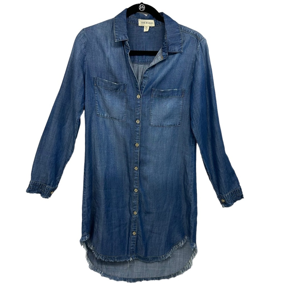 Cloth & Stone Denim Montana Shirt Dress Size XS Chambray Fringe Hi-Low